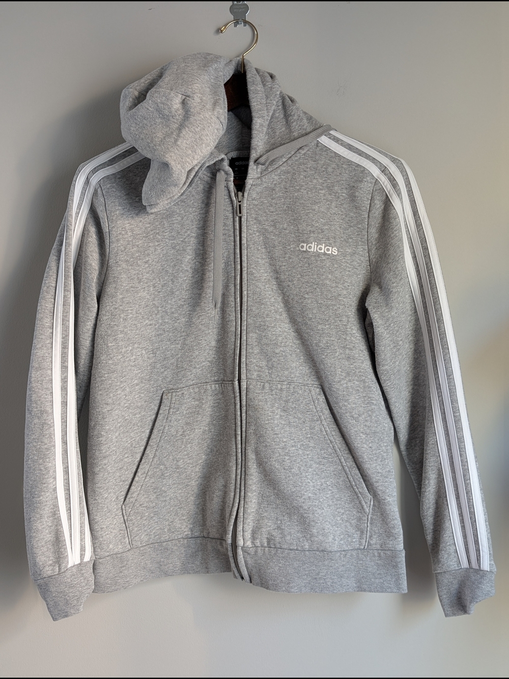 Adidas Hoodie Full Zip Womens Medium Gray White Sweatshirt Logo Ladies Cozy Soft